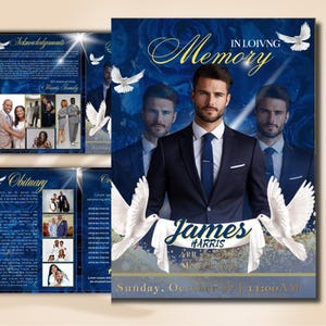 Puede incluir: Un programa de servicio conmemorativo con un fondo floral azul y las palabras "In Loving Memory". El programa presenta un retrato de un hombre con traje, palomas y el nombre "James Harris". Incluye la fecha y hora del servicio.
