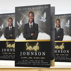 May include: Memorial card with a photo of a woman in a black suit, with the text "In Loving Memory Of" and the name "Sarah Johnson". Includes dates and event details, with doves and a golden halo design.