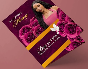 Red Roses Funeral Program, Celebration of Life, Canva Template