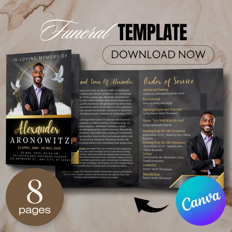 May include: Funeral template with a portrait of a man in a suit, designed for memorial services. The design includes the text "In Loving Memory Of" and the name "Alexander Aronowitz", along with dates and service details. The template has 8 pages.