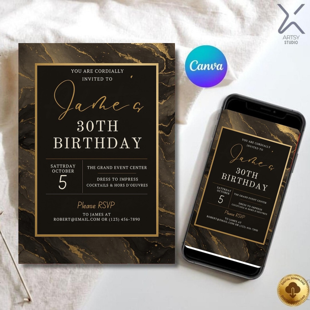 Black and Gold Marble Birthday Invitation – Elegant Party Invite ...