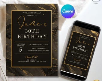 Black and Gold Marble Birthday Invitation – Elegant Party Invite (Digital Download)