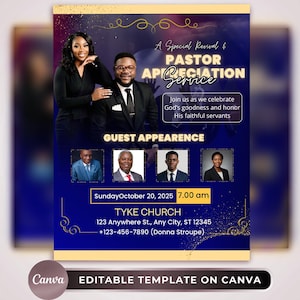May include: A flyer for a Pastor Appreciation Service, featuring a couple and guest speakers. The design is predominantly blue and gold, with the text "A Special Revival & Pastor Appreciation Service." The Canva template includes event details.