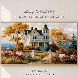 Hus i kustnära New England-stil med TV-ram, viktoriansk höstmålning, höstlandskap vid havet, digital nedladdning av Cottagecore i 4K