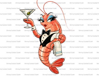 Retro Shrimp Cocktail PNG | Funny Bartender Shrimp Graphic | Vintage Mascot Illustration | Coastal Sublimation Design