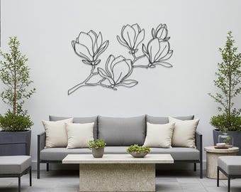 Arte de pared de metal con magnolia, elegante decoración floral para sala de estar, dormitorio y pasillo, escultura botánica, regalo para inauguración de la casa y amantes de la naturaleza.