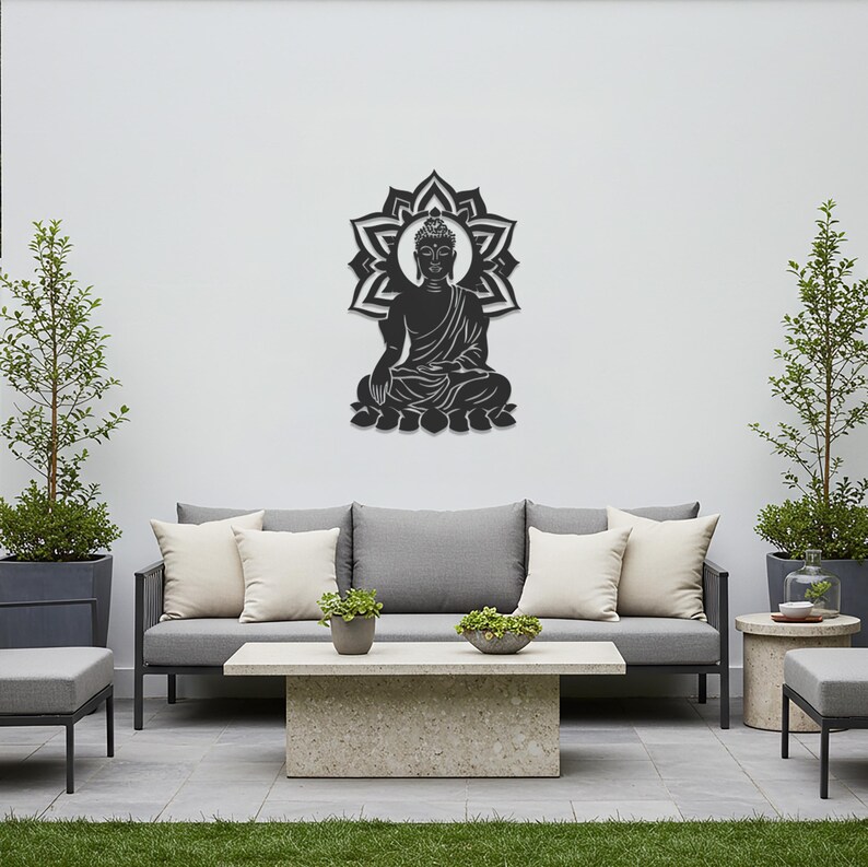 Decorazione murale in metallo raffigurante Buddha, decorazione per meditazione spirituale, scultura in metallo ispirata allo zen, decorazione per studio yoga, decorazione pacifica per la casa e per esterni. immagine 5