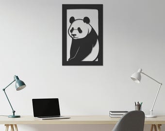 Arte de pared de panda, adorable decoración de acero para habitación infantil, guardería o sala de estar, decoración moderna de vida silvestre para el hogar, marco minimalista.