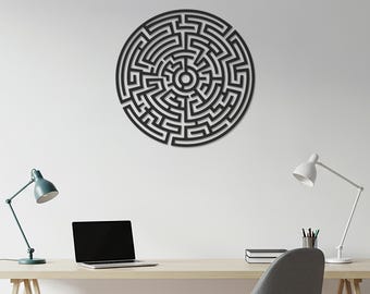 Arte de pared de metal con laberinto moderno, decoración geométrica redonda para el hogar, escultura de pared de acero abstracta minimalista para oficina, sala de estar y sala de juegos.