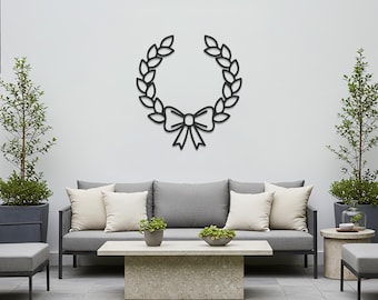 Elegant Christmas Wreath Metal Wall Art With Bow, Modern Holiday Decoration for Living Room, Entryway and Seasonal Home Styling
