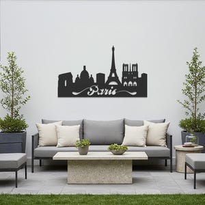 Arte de pared metálico con silueta de la Torre Eiffel en acero para sala de estar, dormitorio y decoración inspirada en viajes, decoración urbana moderna para el hogar. imagen 1