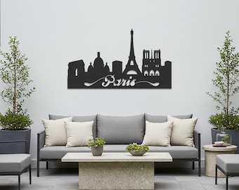 Decorazione murale in metallo con skyline di Parigi, silhouette in acciaio della Torre Eiffel per soggiorno, camera da letto e arredamento ispirato ai viaggi, moderno elemento decorativo per la casa con paesaggio urbano.