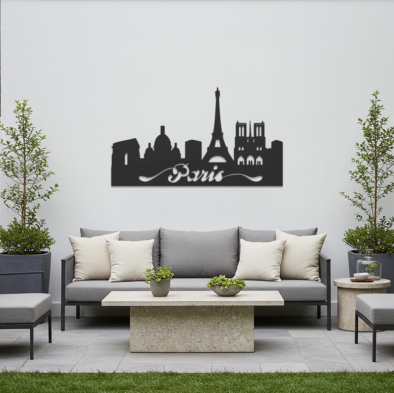 Arte de pared metálico con silueta de la Torre Eiffel en acero para sala de estar, dormitorio y decoración inspirada en viajes, decoración urbana moderna para el hogar. imagen 1