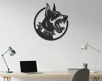 Arte de pared de metal de dóberman, silueta de perro feroz para el hogar, la oficina, el garaje, la cueva del hombre, regalo para amantes de los perros, estética de perro guardián y de seguridad.