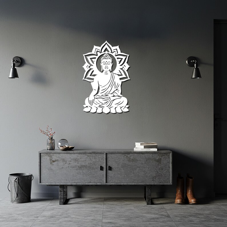 Decorazione murale in metallo raffigurante Buddha, decorazione per meditazione spirituale, scultura in metallo ispirata allo zen, decorazione per studio yoga, decorazione pacifica per la casa e per esterni. immagine 2