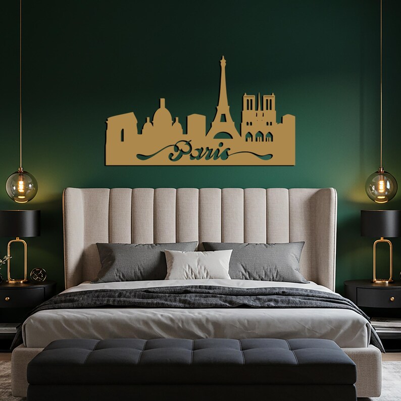 Arte de pared metálico con silueta de la Torre Eiffel en acero para sala de estar, dormitorio y decoración inspirada en viajes, decoración urbana moderna para el hogar. imagen 4