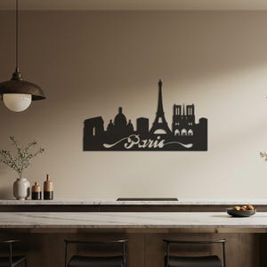Arte de pared metálico con silueta de la Torre Eiffel en acero para sala de estar, dormitorio y decoración inspirada en viajes, decoración urbana moderna para el hogar. imagen 3