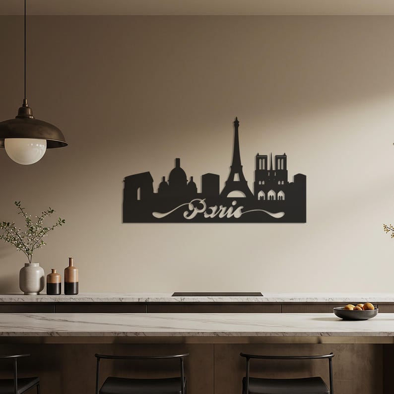 Arte de pared metálico con silueta de la Torre Eiffel en acero para sala de estar, dormitorio y decoración inspirada en viajes, decoración urbana moderna para el hogar. imagen 3