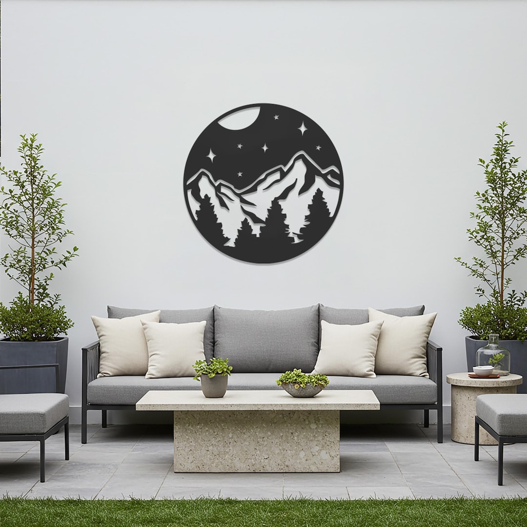 Round Mountain Metal Wall Art, Night Sky Forest Scene Decor for Living ...