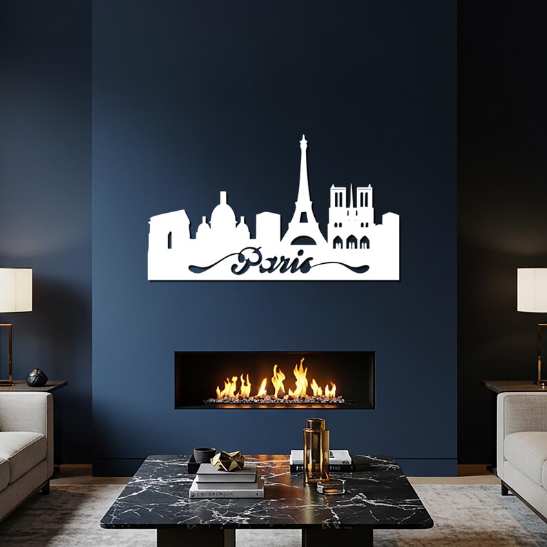 Arte de pared metálico con silueta de la Torre Eiffel en acero para sala de estar, dormitorio y decoración inspirada en viajes, decoración urbana moderna para el hogar. imagen 5