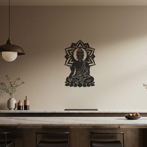 Decorazione murale in metallo raffigurante Buddha, decorazione per meditazione spirituale, scultura in metallo ispirata allo zen, decorazione per studio yoga, decorazione pacifica per la casa e per esterni. immagine 3