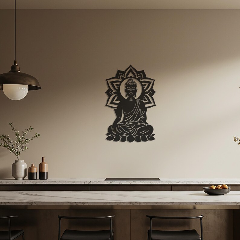 Decorazione murale in metallo raffigurante Buddha, decorazione per meditazione spirituale, scultura in metallo ispirata allo zen, decorazione per studio yoga, decorazione pacifica per la casa e per esterni. immagine 3
