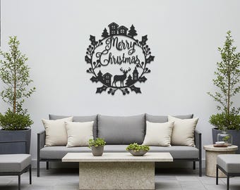 Merry Christmas Metal Wall Art, Holiday Wreath Décor with Deer & Village Scene, Festive Winter Home Decoration for Living Room, Entryway