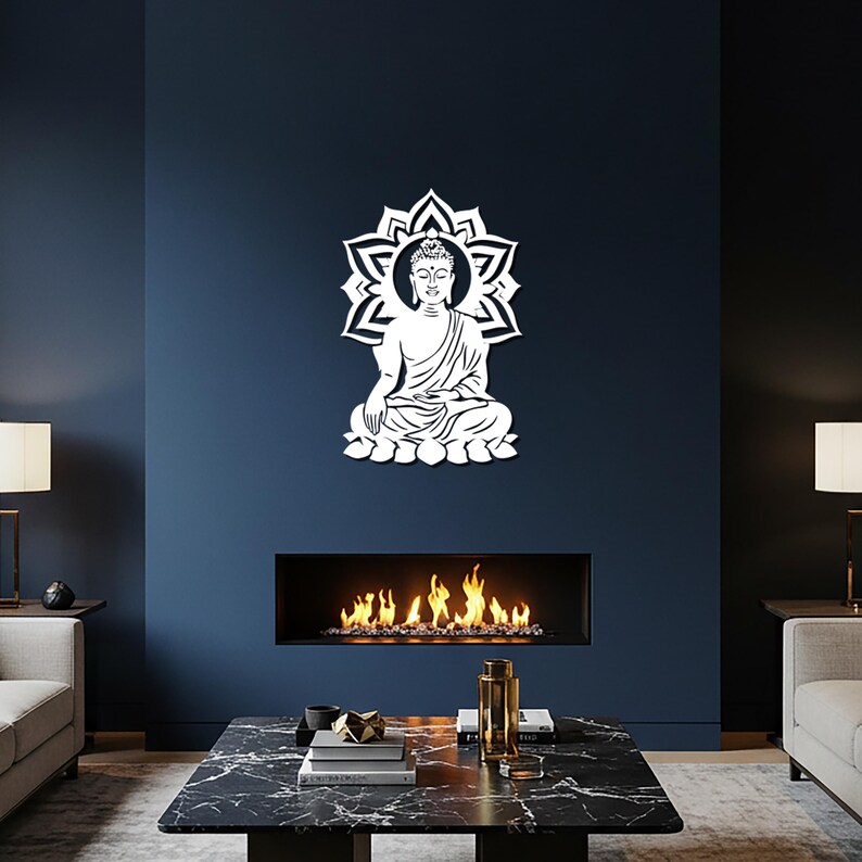 Decorazione murale in metallo raffigurante Buddha, decorazione per meditazione spirituale, scultura in metallo ispirata allo zen, decorazione per studio yoga, decorazione pacifica per la casa e per esterni. immagine 6
