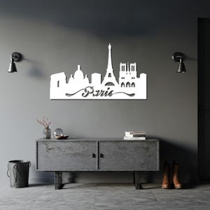 Arte de pared metálico con silueta de la Torre Eiffel en acero para sala de estar, dormitorio y decoración inspirada en viajes, decoración urbana moderna para el hogar. imagen 2