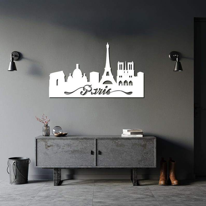 Arte de pared metálico con silueta de la Torre Eiffel en acero para sala de estar, dormitorio y decoración inspirada en viajes, decoración urbana moderna para el hogar. imagen 2