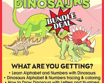 Paquete de actividades de dinosaurios para niños: pósteres imprimibles del alfabeto ABC, pancarta de cumpleaños, libro para trazar y colorear