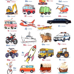 Op de afbeelding: Een kleurrijke educatieve poster getiteld "Transport Alphabet" met illustraties van verschillende voertuigen en vervoerswijzen. Bevat een ambulance, fiets, kraan, dumper, graafmachine, brandweerwagen, vuilniswagen, helikopter, straalvliegtuig, kajak, limousine, ijscowagen, motor, marineschip, ossenkar, politieauto, quad, raket, schoolbus, tractor, eenwieler, bestelwagen, wagen, xebec-schip, jacht en zeppelin.