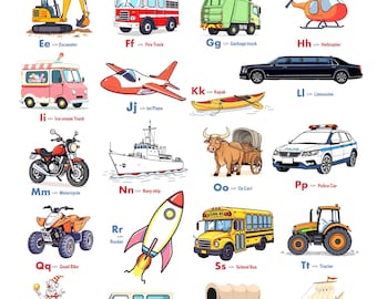 Póster del alfabeto de transporte: Vehículos de la A a la Z, arte para el aula infantil (descarga digital)