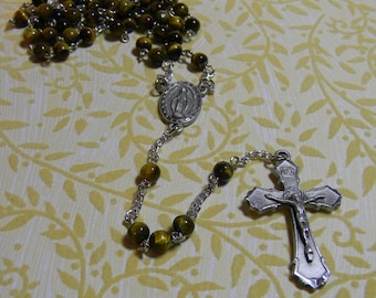 Rosary, Tiger eye, gift for him, Men's rosary, Pewter, Crucifix, Miraculous Mary, Catholic, Sacrament, Holy Communion, Confirmation