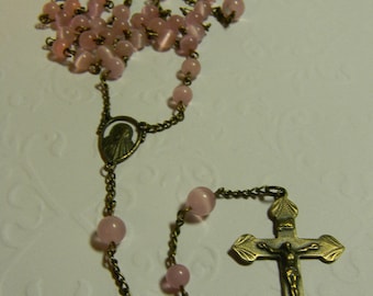 Rosary, Pink Cats eye, Bronze, Crucifix, Mary Center, Holy Communion, Catholic, Sacraments, Our Father, Hail Mary, Religious, Prayers,
