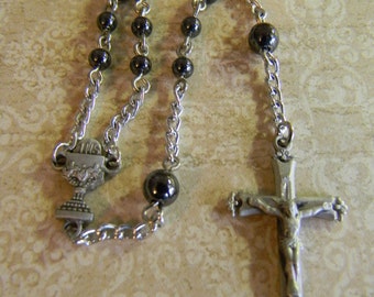 Rosary, boy's Communion gift, Chalice, Baptism, Sacraments, Crucifix, Pewter, Black hematite, gift for Communion, Catholic