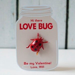 Op de afbeelding: Een Valentijnskaart in de vorm van een pot, met de tekst "Hi there LOVE BUG" in het rood. Een rode lieveheersbeestje met zwarte stippen is bevestigd. De kaart zegt ook "Be my Valentine! Love, Will."