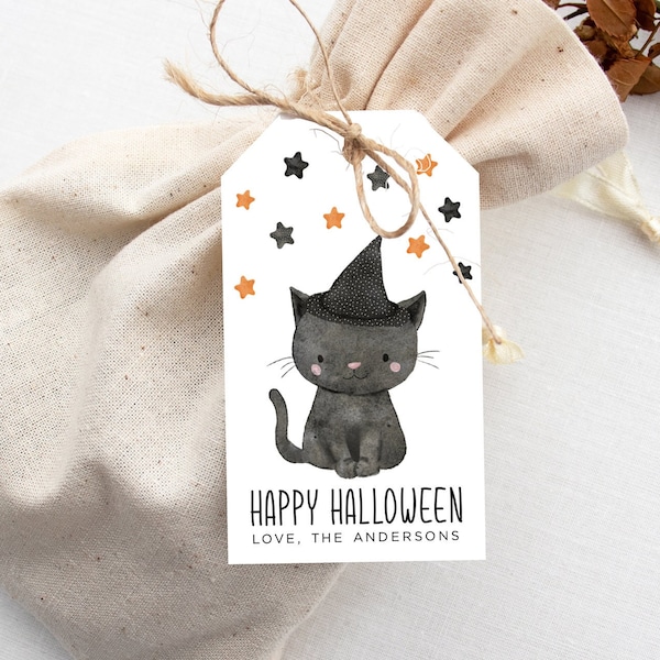 Halloween Tag-Watercolor Black Cat Halloween Gift Tag - Cute Halloween Tag - Cat with a Witch's Hat- Halloween Printable - Editable