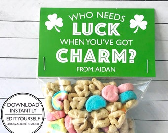 St. Patrick's Day Cereal Treat Bag Topper - Lucky Charms Treat Bag - St. Patrick's Day Class Treats - Printable and Editable
