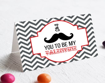 Printable Mustache Valentine Card -  Mustache Valentine Treat Bag Topper - Boys Valentines