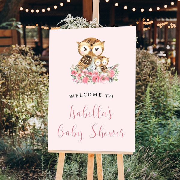 Owl Baby Shower Welcome Poster - Editable and Printable Baby Shower Poster - Baby Girl Baby Shower - Owl Baby Shower