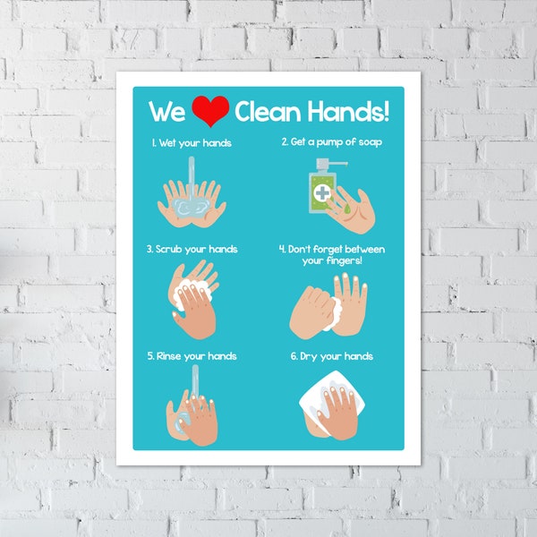 Hand washing Poster - Hand Washing Steps - Hand washing Instructions - How to wash your hands - For Kids - Picture Instructions
