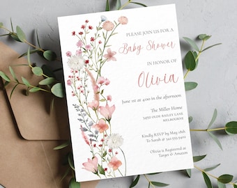 Baby Shower Invitation Template, Wildflower Invitation, Wildflower Baby Shower, Floral Tag, Spring, Summer, Instant Download, Editable