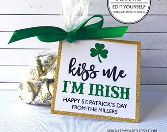 Kiss Me I'm Irish Tag - St. Patrick's Day Treats - Kiss Me I'm Irish - Printable and Editable - Shamrock - Favor Tags