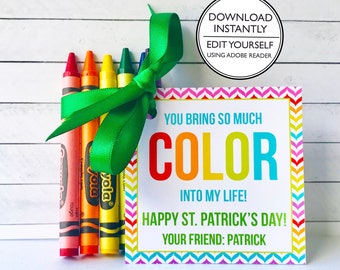 St Patrick's Day Gift Tag - Crayon Gift Tag - Rainbow St Patrick's Day Tag - Printable and Editable - Kids St Patrick's Day