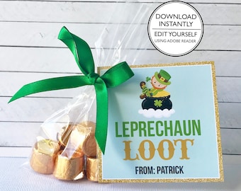 St Patrick's Day Gift Tag - Leprechaun Loot - Pot of Gold Tag - Printable and Editable - Kids St Patrick's Day