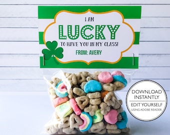 St. Patrick's Day Lucky Charm Treat Bag Topper - Cereal Treat Bag - St. Patrick's Day Class Treats - Printable and Editable