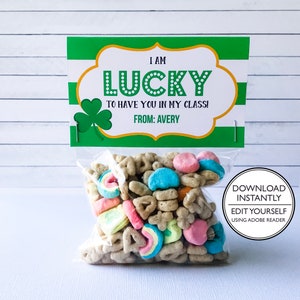 St. Patrick's Day Lucky Charm Treat Bag Topper - Cereal Treat Bag - St. Patrick's Day Class Treats - Printable and Editable