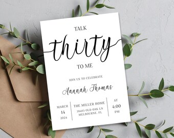 Thirtieth Birthday Party Invitation, Talk Thirty to Me, Women's Birthday Party, Minimalist Birthday Invite, Adult Birthday Invitation