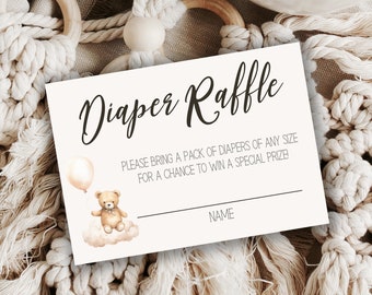 Baby Shower Diaper Raffle Card, Neutral Teddy Bear Diaper Raffle Card, Teddy Bear Baby Shower, Diaper Raffle Sign, Instant, Editable